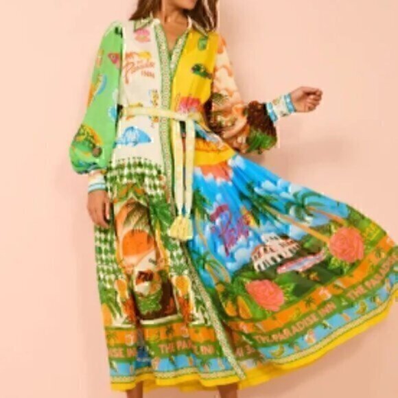 Paradise Colorful Button Down Belted Maxi Collared Shirt Midi Dress 2XL - Picture 1 of 10
